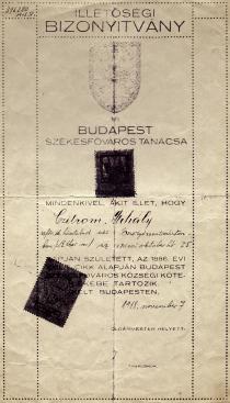 Miska Czitrom's certificate of permanent residency in Budapest