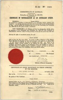 Thomas Molnar's certificate of naturalization as an Australian citizen